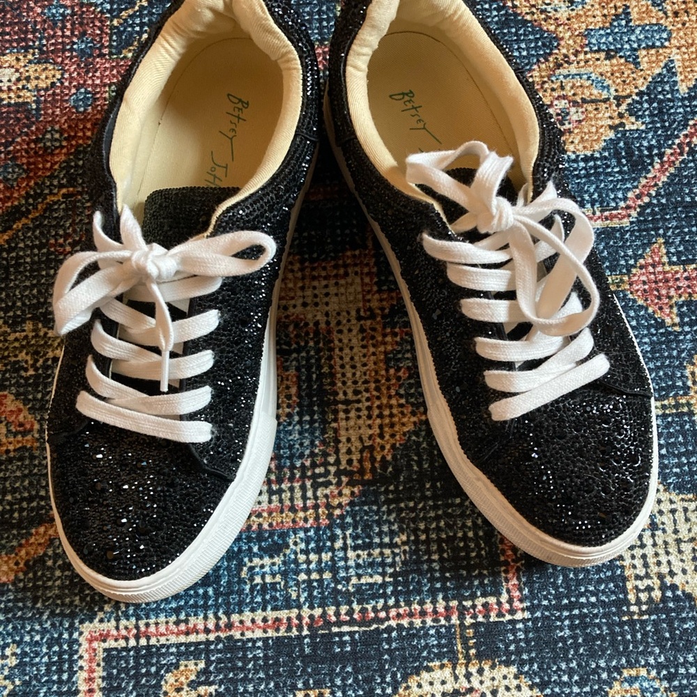 Betsey Johnson Black Rhinestone Sidny Lace-Up Platform Sneakers